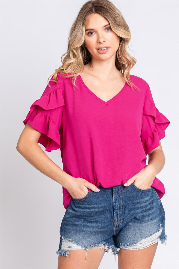 Hazel Blues® |  GeeGee V-Neck Ruffle Trim Short Sleeve Blouse