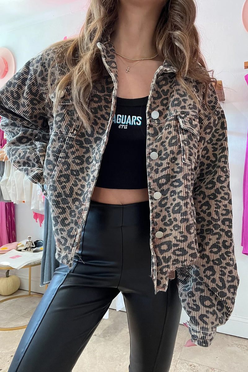 Hazel Blues® |  Asymmetrical Hem Collared Neck Leopard Jacket