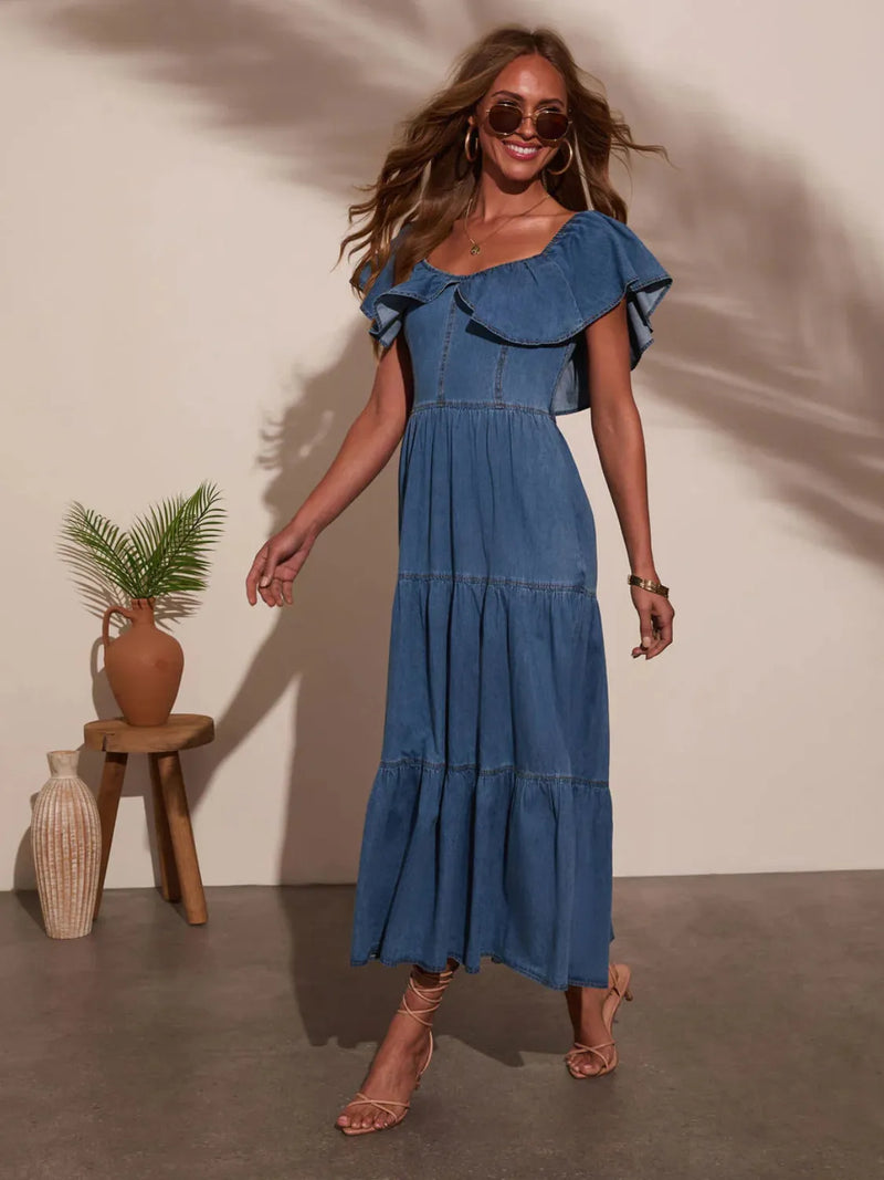 blue jean ruffle dress MAIN ONE DENIM RUFFLE MAXI DRESS – AKIRA main image 1
