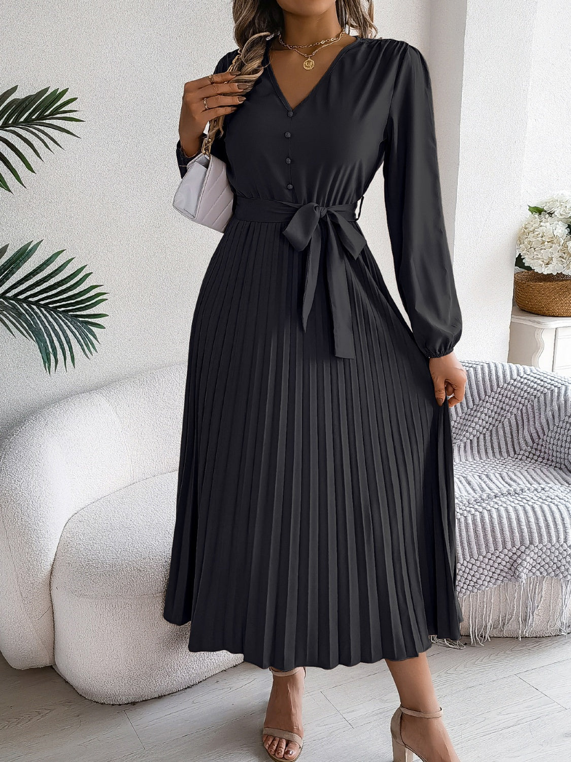 Hazel Blues® |  Pleated Tied V-Neck Long Sleeve Dress