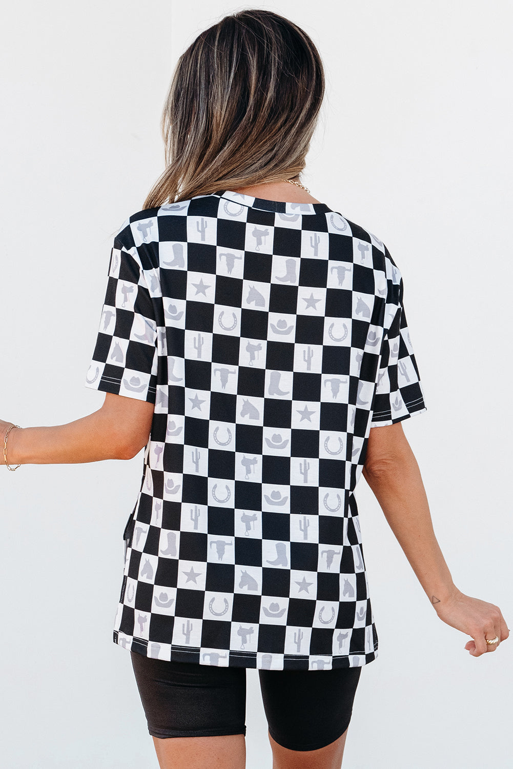 Black Western Fashion Checkerboard Print Side Split T-Shirt