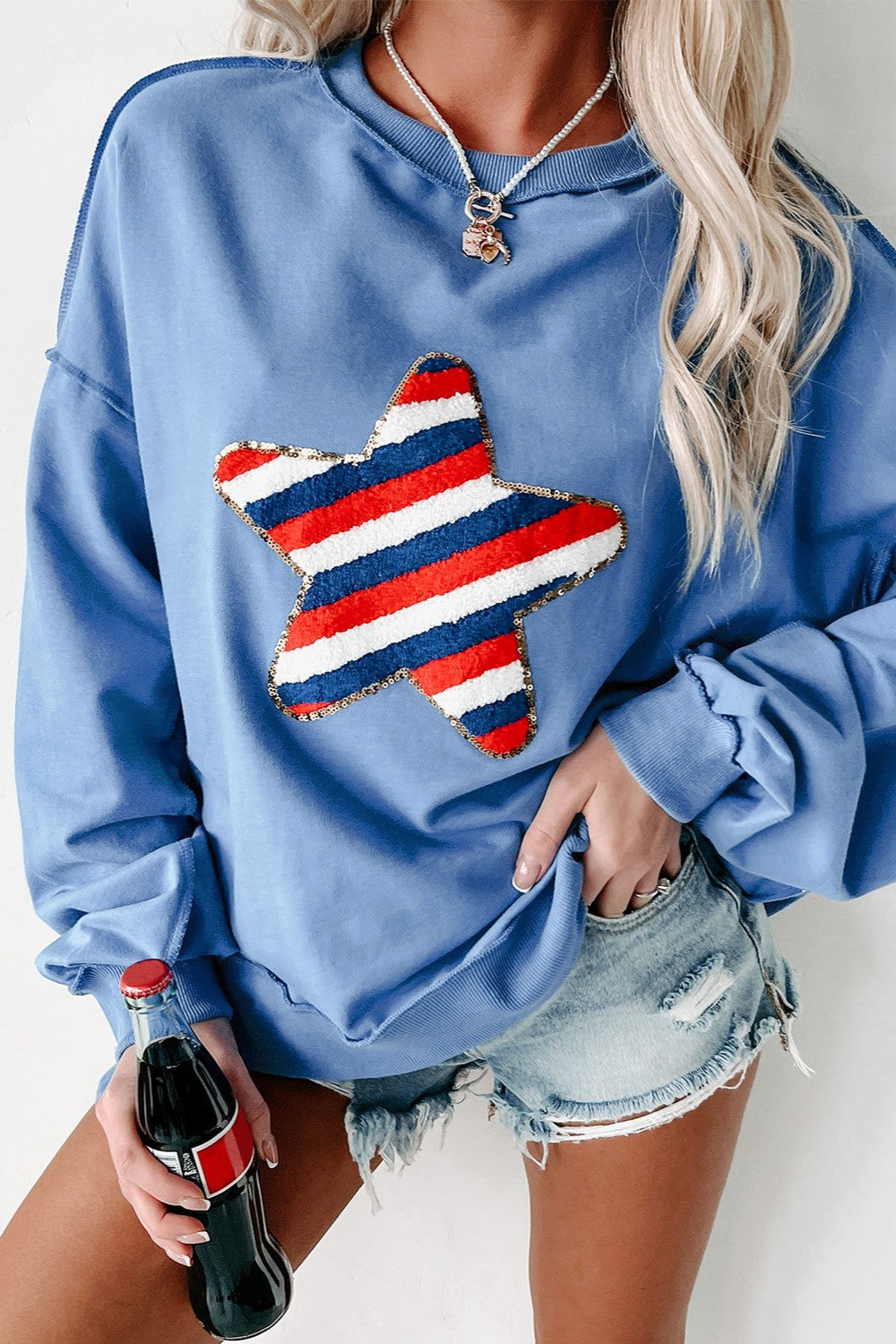 Hazel Blues® |  Exposed Seam Star Long Sleeve Sweatshirt