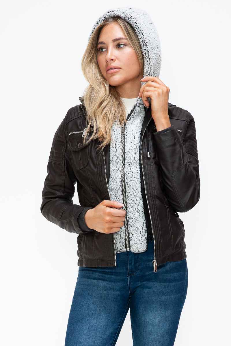 Hazel Blues® |  YMI Removable Faux Layered Multi-Pocket Jacket with Fuzzy Hood