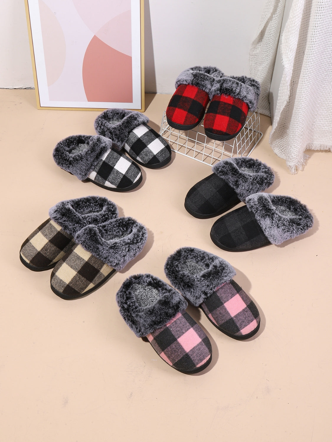 Hazel Blues® |  Plaid Furry Round Toe Flat Slippers