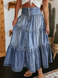 Hazel Blues® |  Tiered Button-Fly Denim Skirt