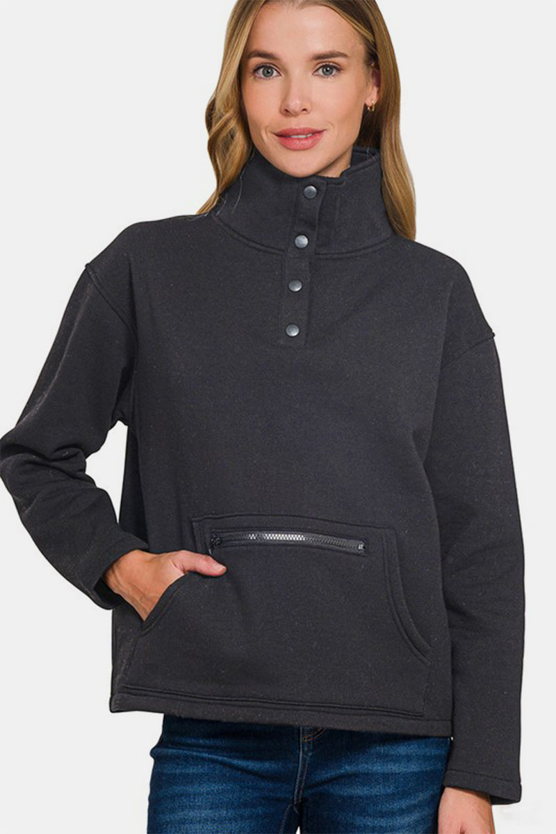 Hazel Blues® |  Zenana Turtleneck Half Snap Fleece Sweatshirt