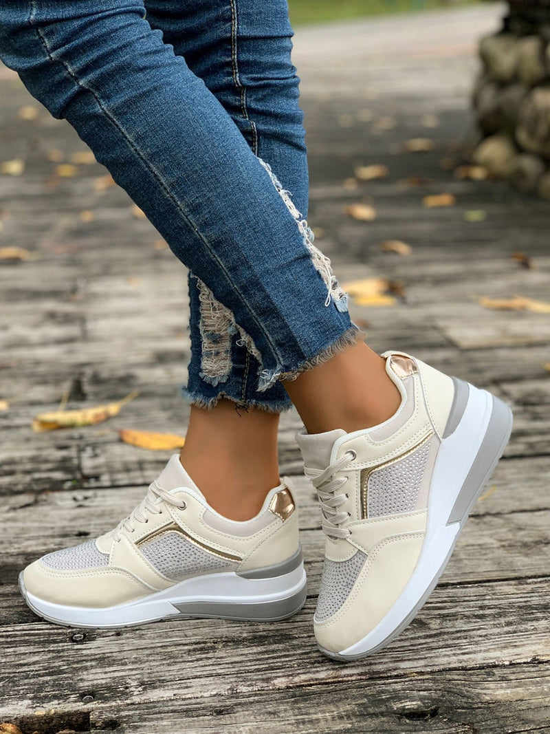 Hazel Blues® |  Lace-Up Rhinestone Wedge Sneakers