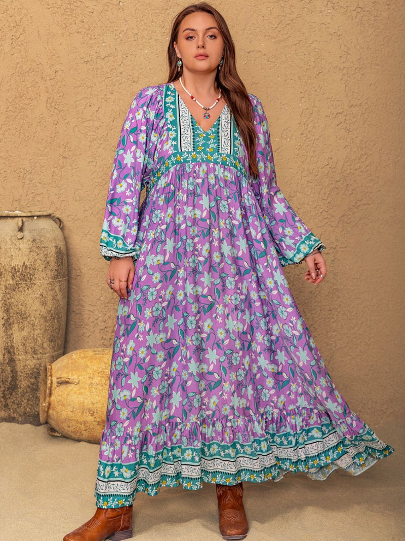 Hazel Blues® | Printed V-Neck Long Sleeve Maxi Dress