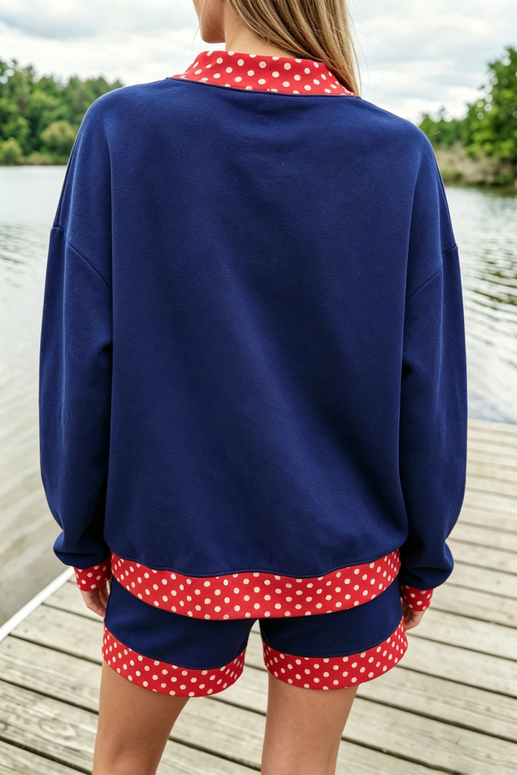 Navy Blue Polka Dot Trim Baggy Pullover 2pcs Short Set