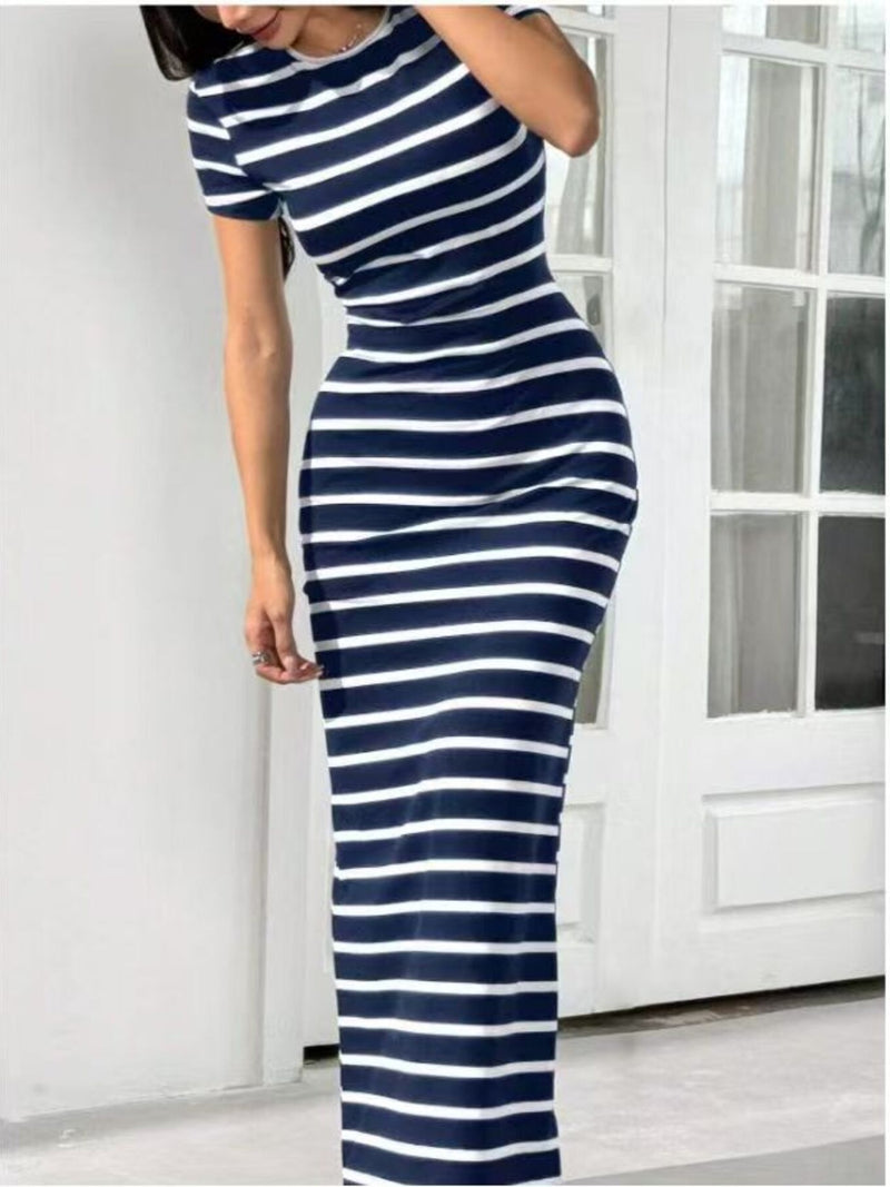 Hazel Blues | Striped Round Neck Bodycon Maxi Dress Hazel Blues | Striped Round Neck Bodycon Maxi Dress