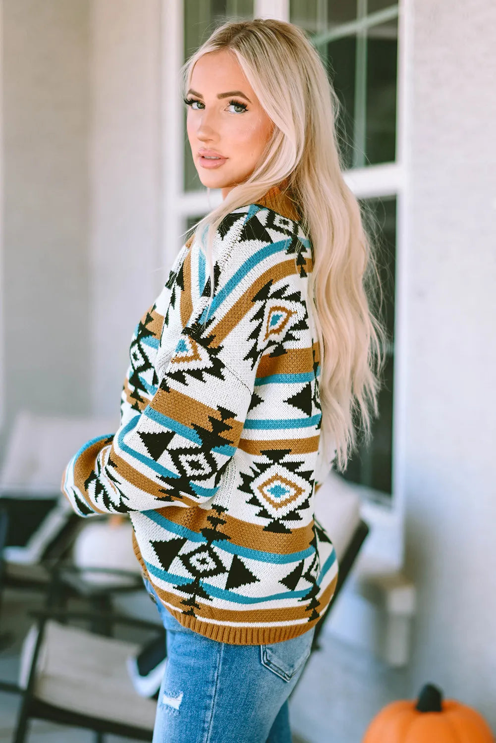 Hazel Blues® |  Geometric Round Neck Long Sleeve Sweater