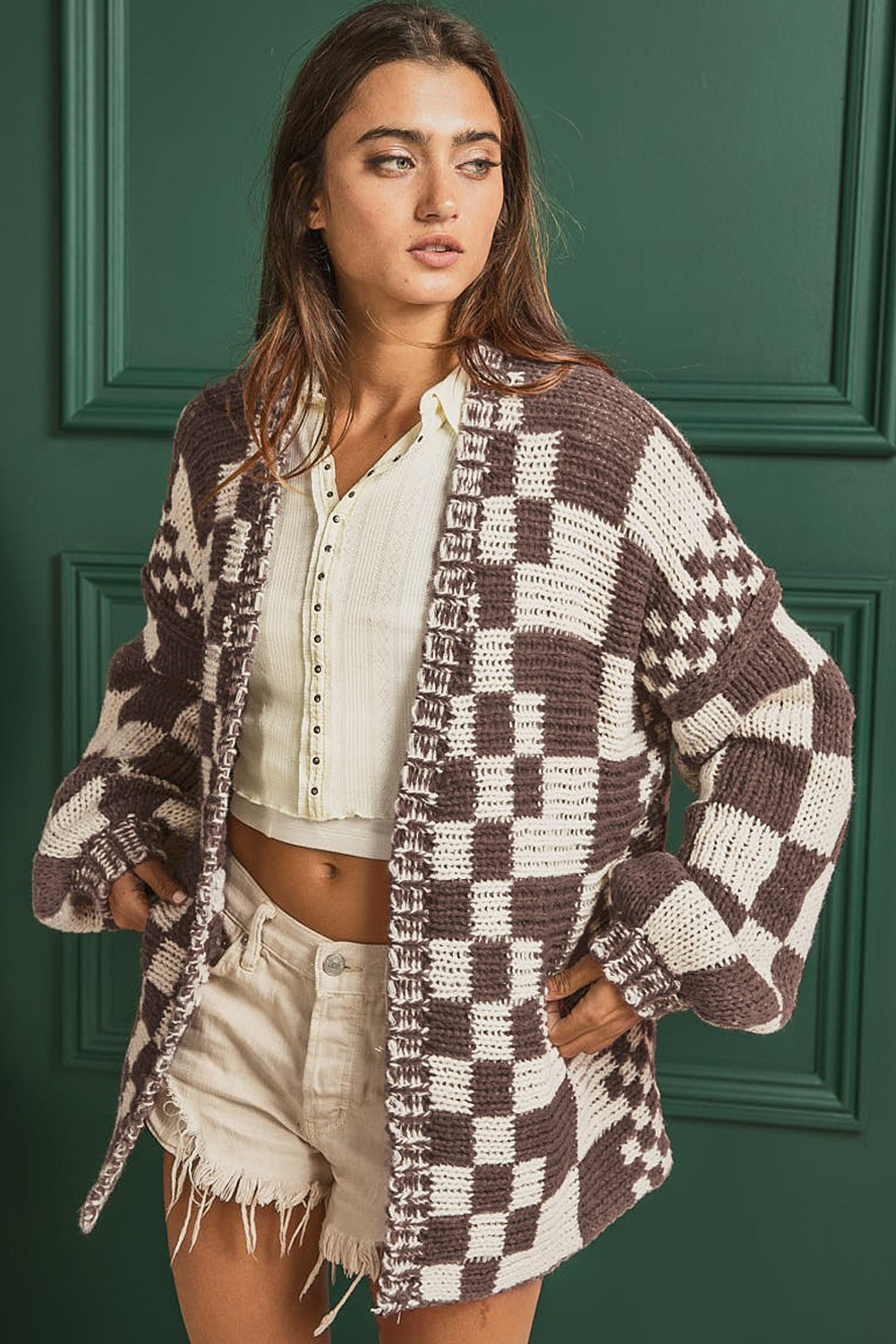 Hazel Blues® |  Checkered Open Front Long Sleeve Cardigan