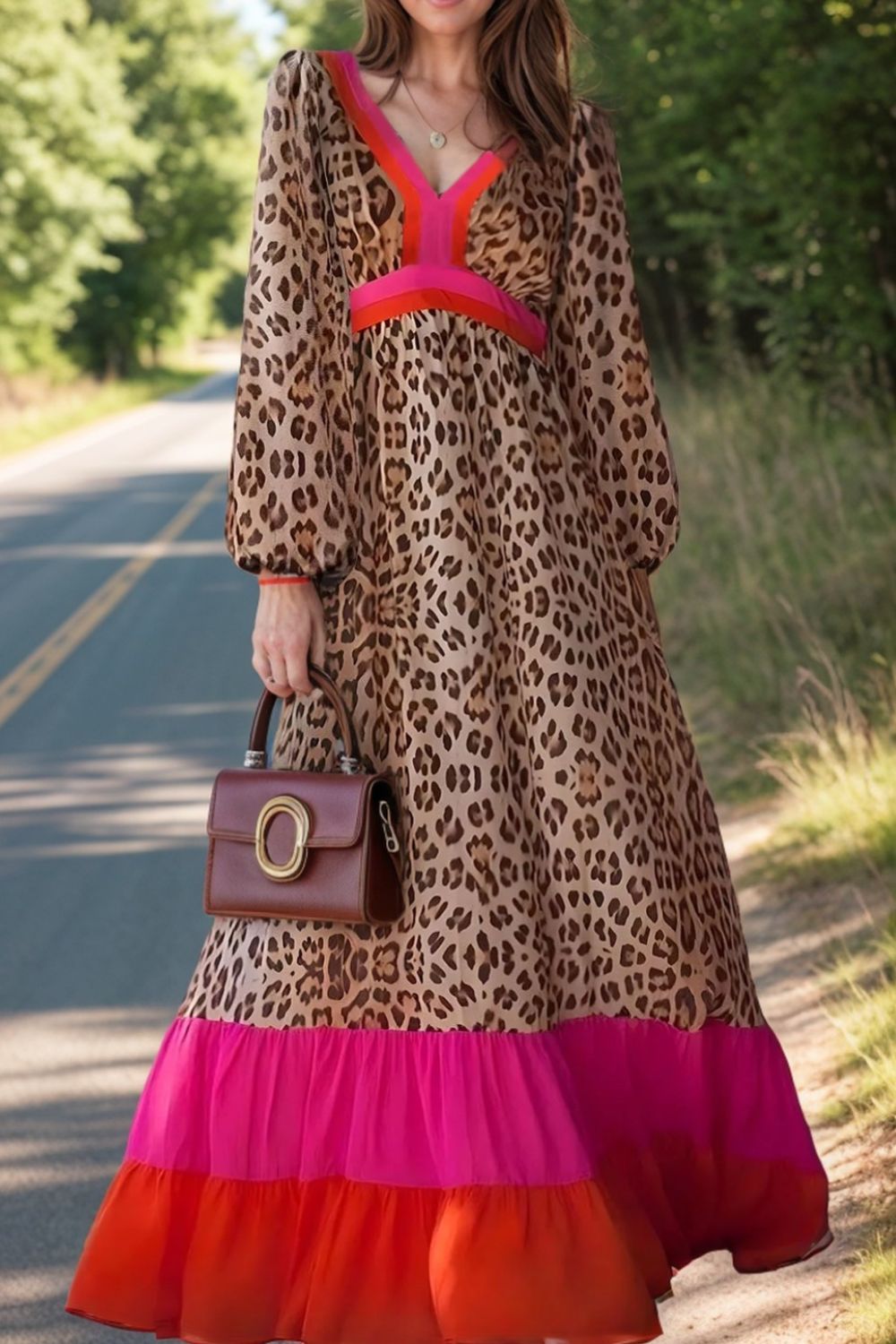 Hazel Blues® |  Leopard V-Neck Long Sleeve Maxi Dress