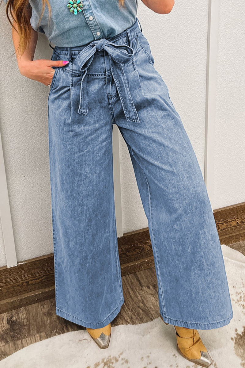 Hazel Blues® |  Beau Blue Western Washed Bow Knot Sash Wide Leg Jeans