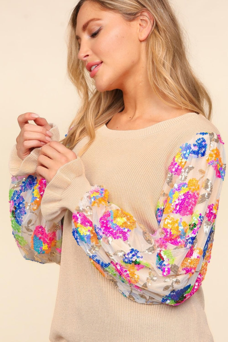 Hazel Blues® |  Haptics Floral Sequins Mesh Flounce Sleeve Sweater