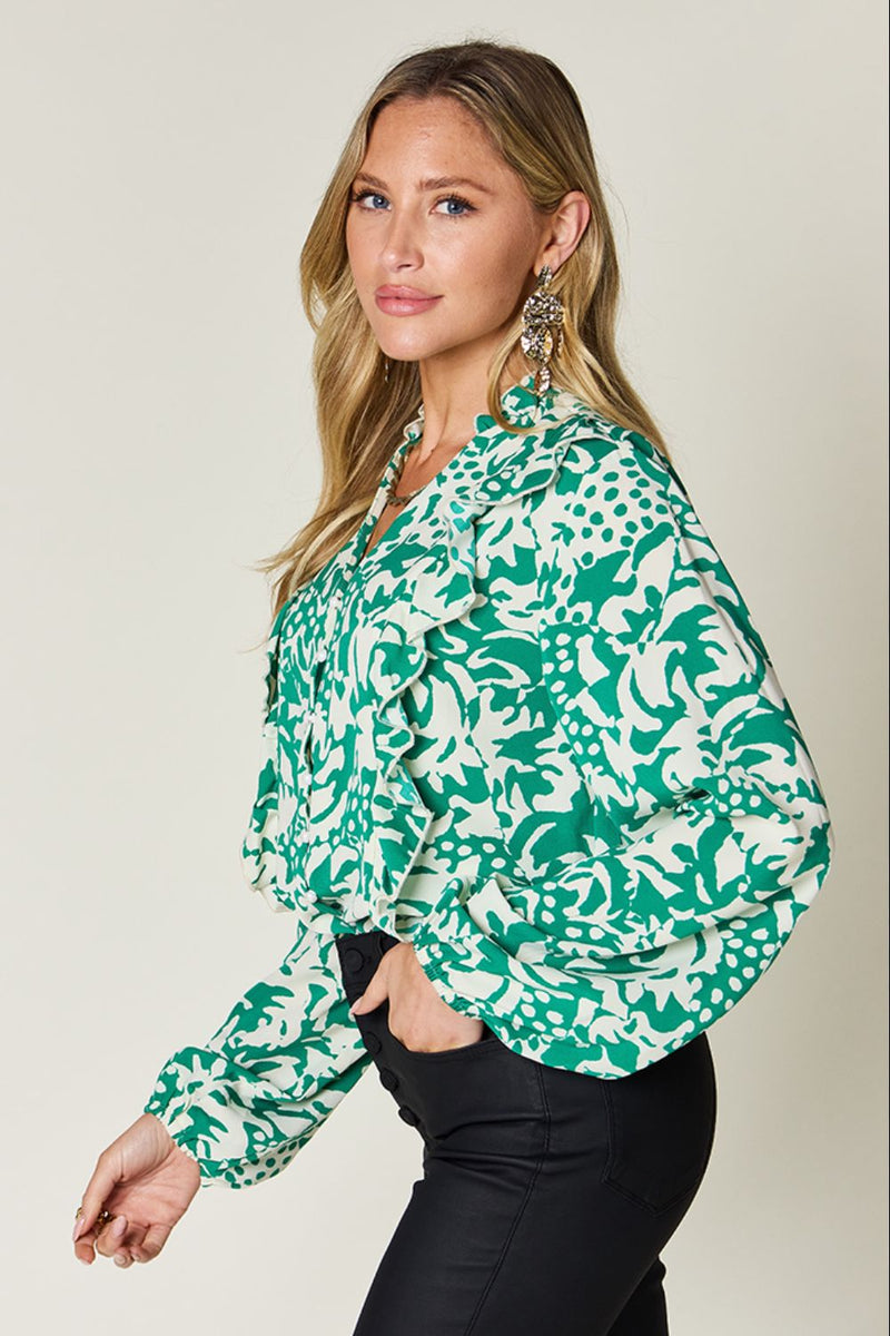 Hazel Blues® |  Double Take Printed Ruffle Trim Balloon Sleeve Shirt