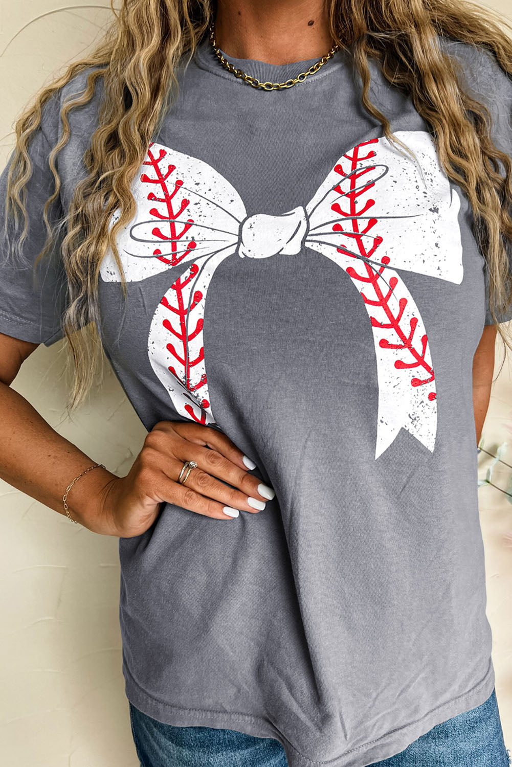 Hazel Blues® |  Gray Baseball Bowknot Graphic Casual Tee