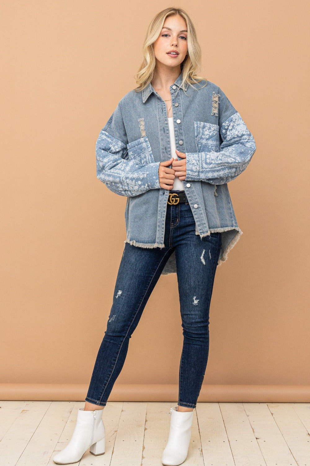 Hazel Blues® |  And The Why Paisley Print Quilted Sleeves Denim Jacket