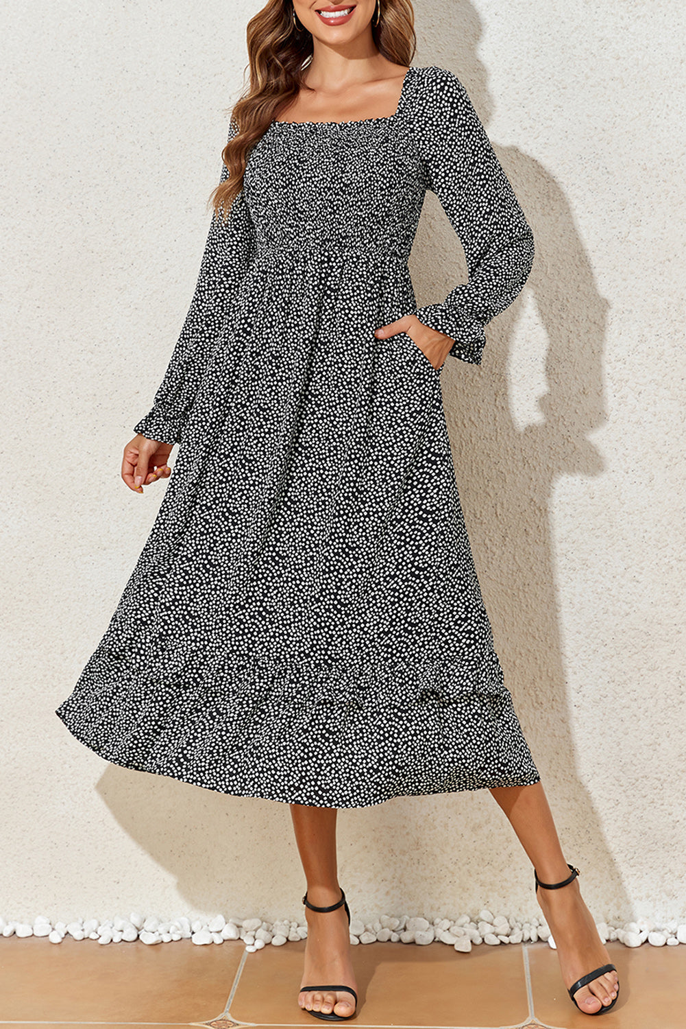 Hazel Blues® |  Printed Square Neck Long Sleeve Midi Dress