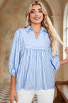 Hazel Blues® |  Sky Blue Stripe Shirt Collar V Neck Ricrac Trim 3/4 Puff Sleeve Blouse