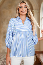 Hazel Blues® |  Sky Blue Stripe Shirt Collar V Neck Ricrac Trim 3/4 Puff Sleeve Blouse