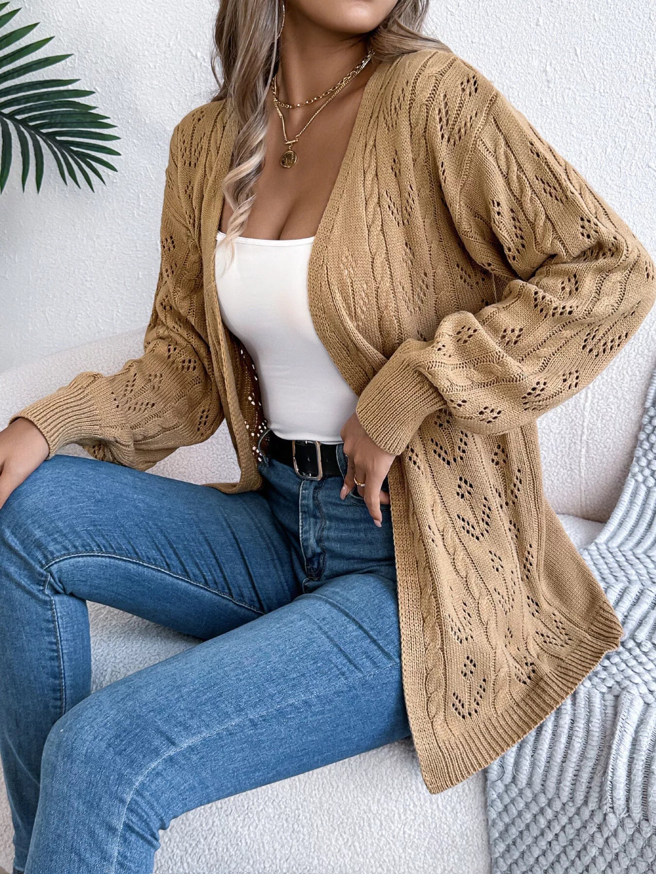 トップス W FACE COLOR MIX HOLE SLEEVE CARDIGAN COZYEASE Women's Color Block Crop Cardigan Top Bishop Long