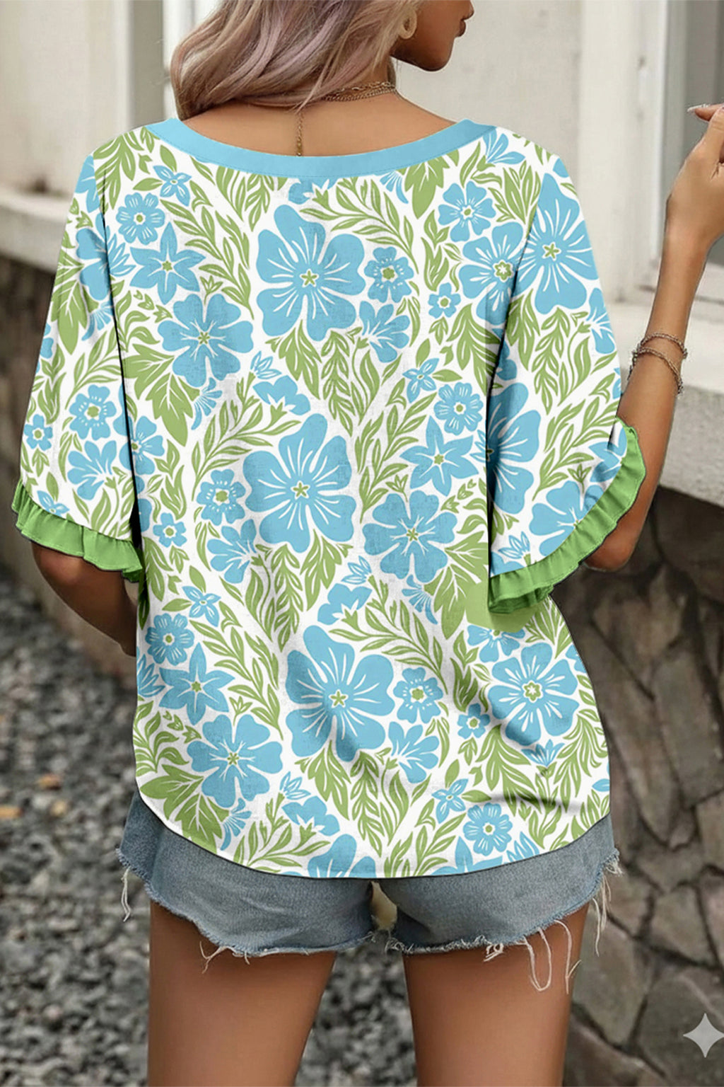 Georgia Blake Sky Blue Floral Color-Block Blouse