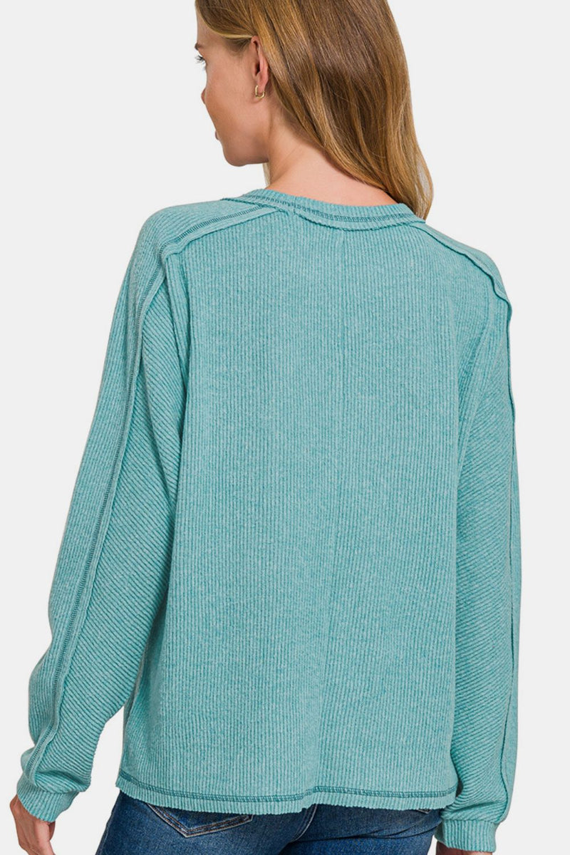 Hazel Blues® |  Zenana Contrast Stitching Brushed Ribbed Hacci Knit Top Plu Size