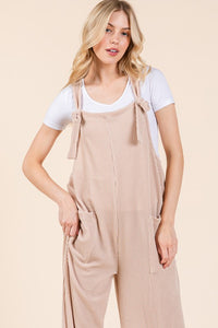 Hazel Blues® |  BOMBOM Knot Straps Wide Leg Ribbed Overalls with Pockets