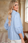 Hazel Blues® |  Sky Blue Stripe Shirt Collar V Neck Ricrac Trim 3/4 Puff Sleeve Blouse