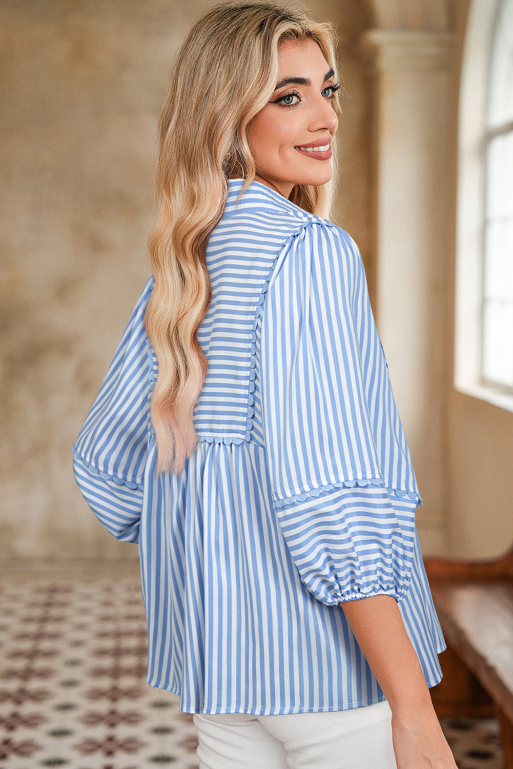 Hazel Blues® |  Sky Blue Stripe Shirt Collar V Neck Ricrac Trim 3/4 Puff Sleeve Blouse