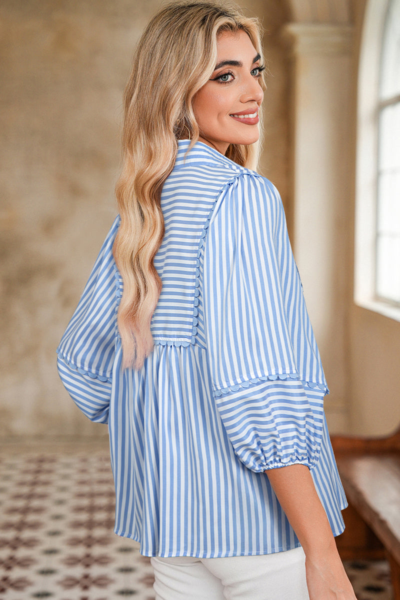 Hazel Blues® |  Sky Blue Stripe Shirt Collar V Neck Ricrac Trim 3/4 Puff Sleeve Blouse