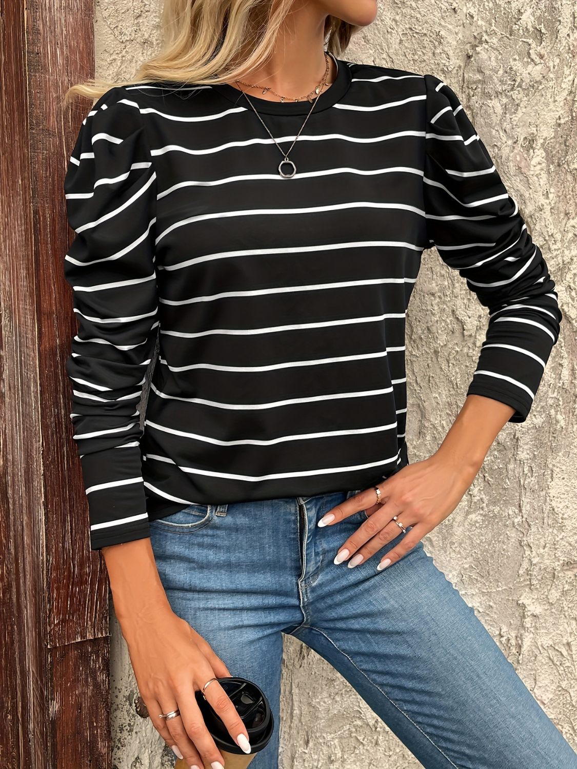 Hazel Blues® |  Striped Round Neck Puff Sleeve T-Shirt