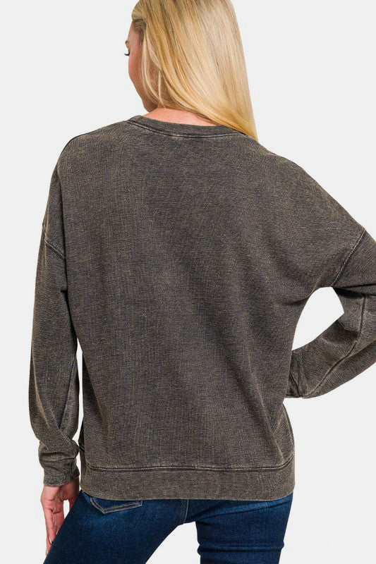 Hazel Blues® |  Zenana Washed Round Neck Dropped Shoulder Sweatshirt