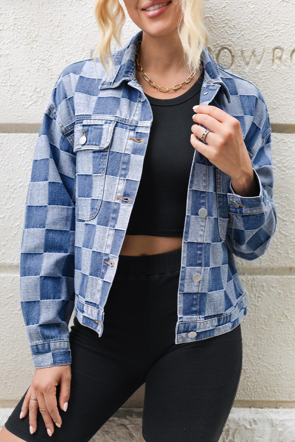 Hazel Blues® |  Checkered Button Up Long Sleeve Denim Jacket