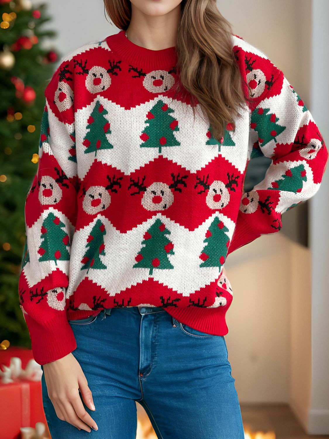 Hazel Blues® |  Christmas Element Round Neck Long Sleeve Sweater