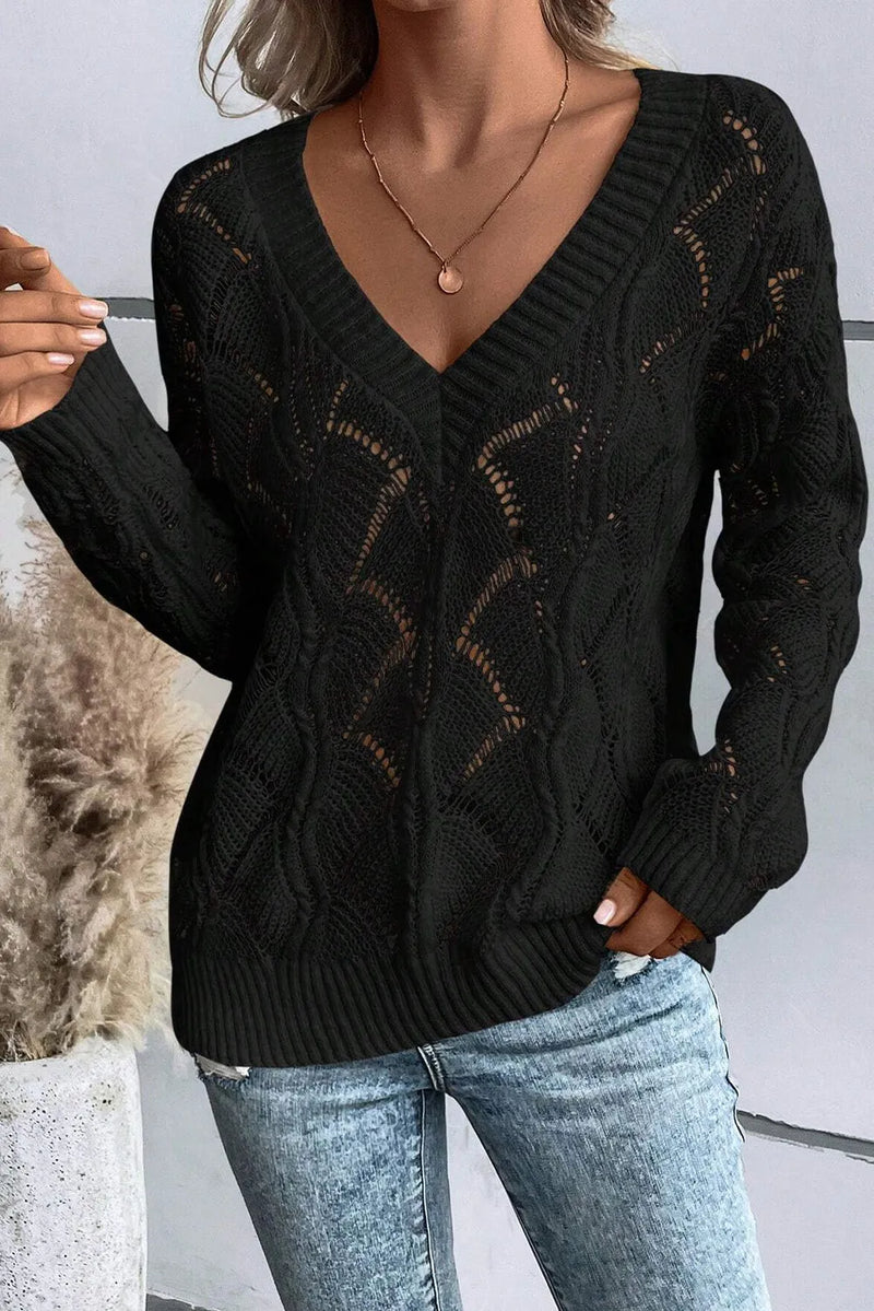 Hazel Blues® |  Openwork V-Neck Long Sleeve Sweater