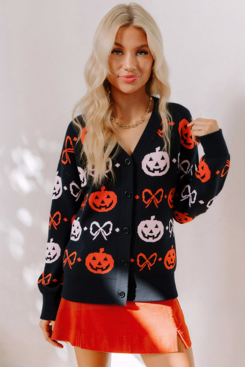 Hazel Blues® |  Black Halloween Pumpkin Bow Knit Button V Neck Sweater Cardigan