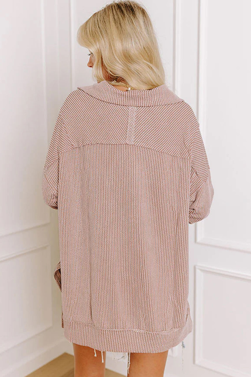 Delilah Claire Oatmeal Twist Ribbed Zipper Collar Drop Shoulder Long-Sleeve Top