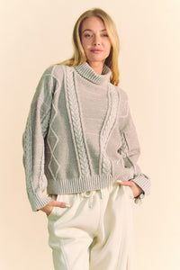 Hazel Blues® |  Davi & Dani Cable-Knit Turtleneck Dropped Shoulder Sweater