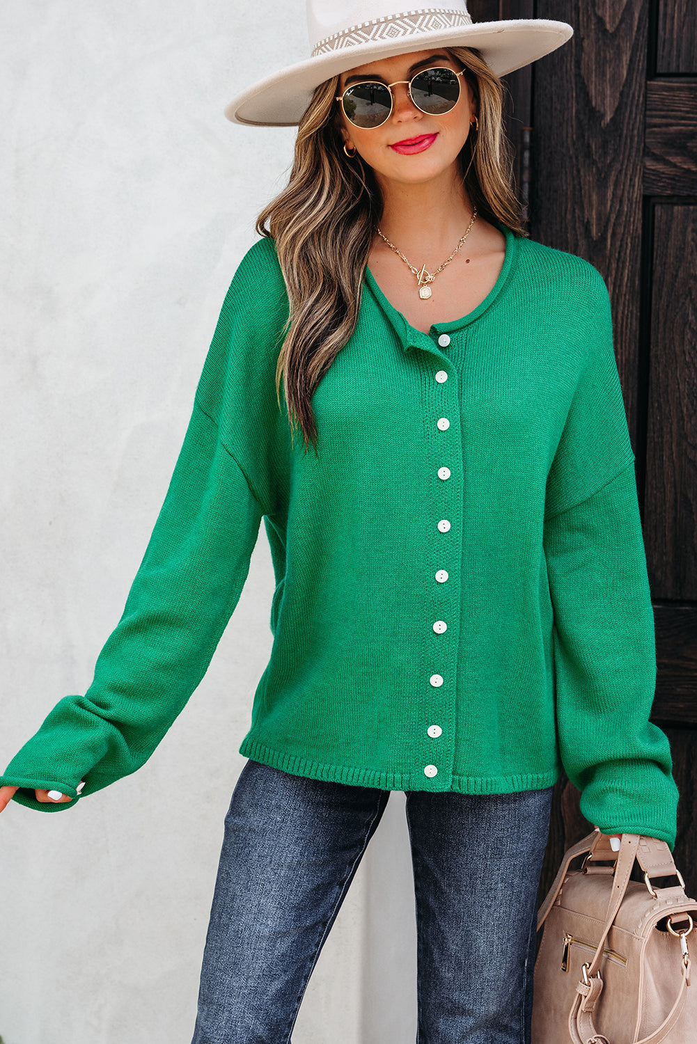 Hazel Blues® |  Bright Green Solid Color Knit Button Drop Shoulder Sweater Cardigan