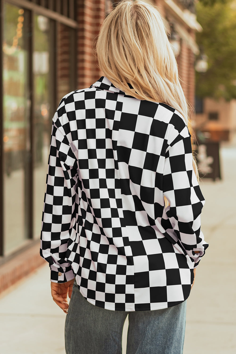 Black Checkerboard Flap Pocket Button-Front Shacket
