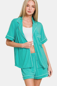 Hazel Blues® |  Zenana Button Down Short Sleeve Top and Shorts Lounge Set