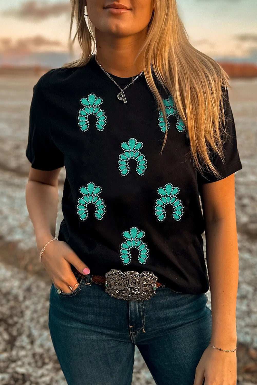 Hazel Blues® |  Black Western Turquoise Pattern Sequin Patched T Shirt