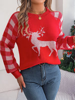 Hazel Blues® |  Reindeer Plaid Round Neck Long Sleeve Sweater