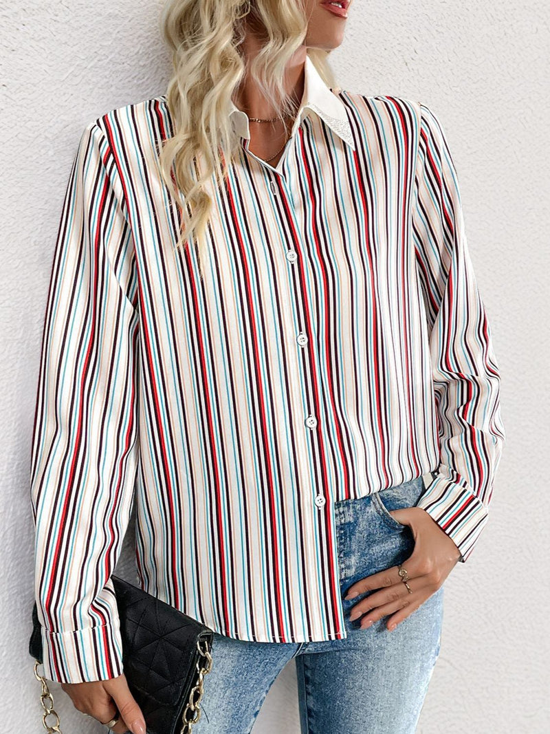 Hazel Blues® |  Perfee Contrast Striped Collared Neck Long Sleeve Shirt