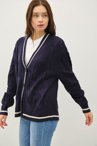 Hazel Blues® |  Be Cool Contrast Trim Cable-Knit V-Neck Cardigan