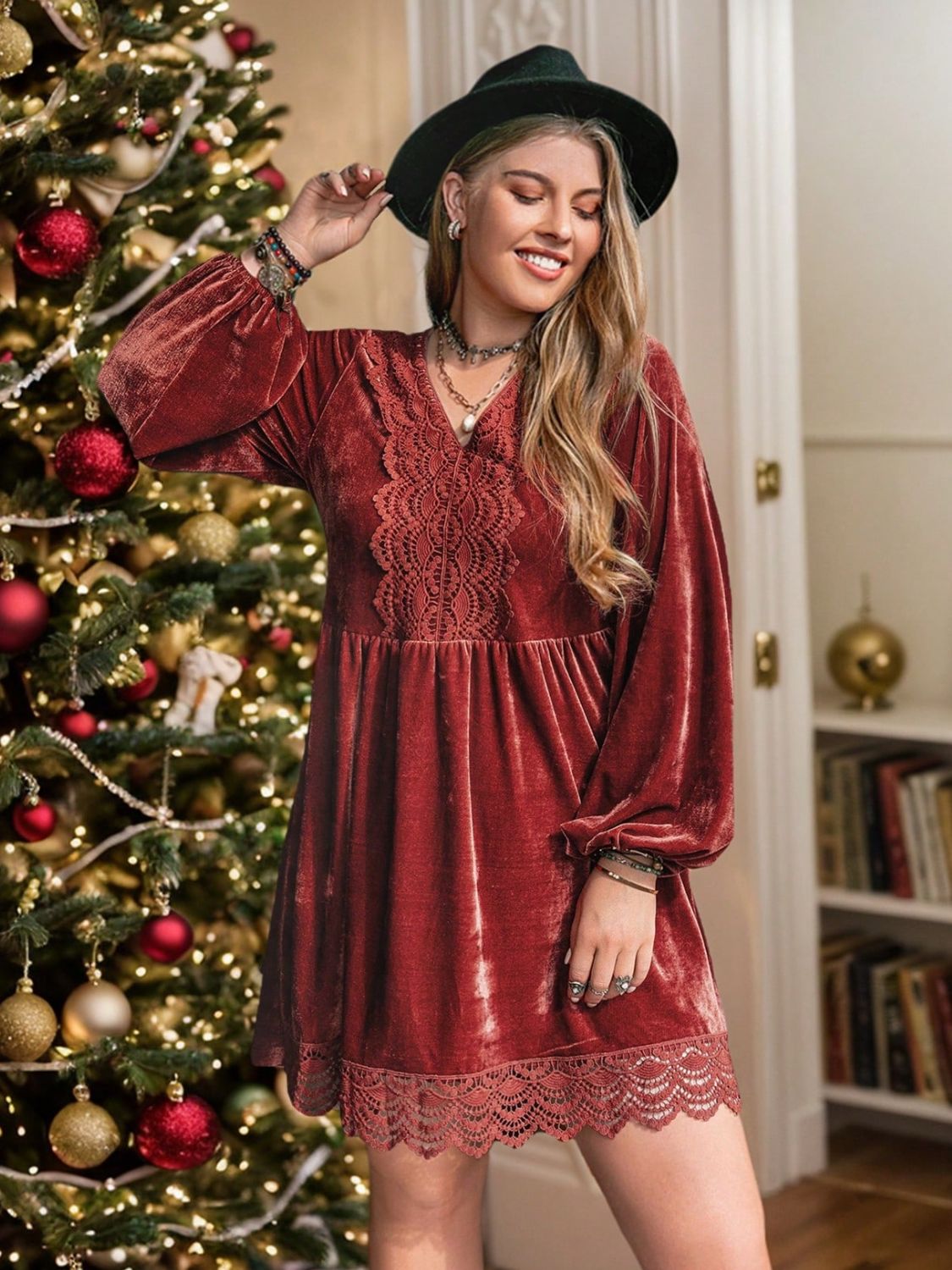 Hazel Blues® | Lace Detail V-Neck Long Sleeve Mini Dress