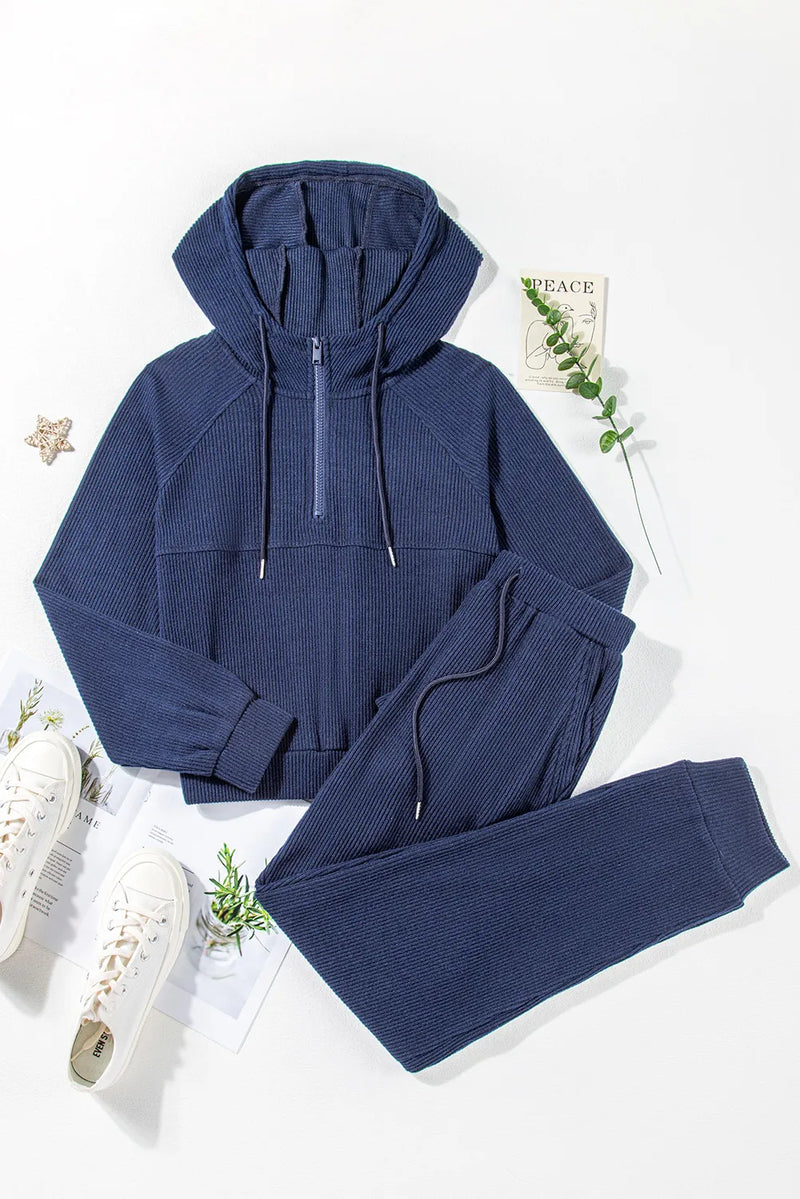 Hazel Blues® |  Drawstring Half Zip Hoodie and Joggers Active Set