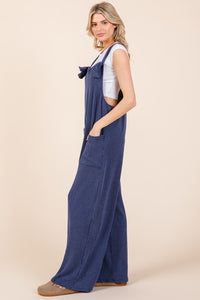 Hazel Blues® |  BOMBOM Knot Straps Wide Leg Ribbed Overalls with Pockets